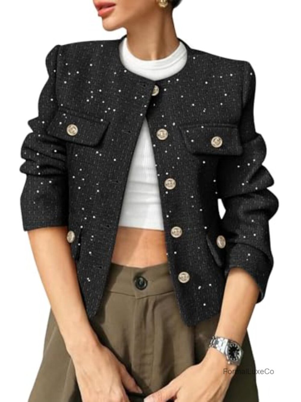 Tweed Blazer Cropped Collarless Button Down Business Casual Jacket